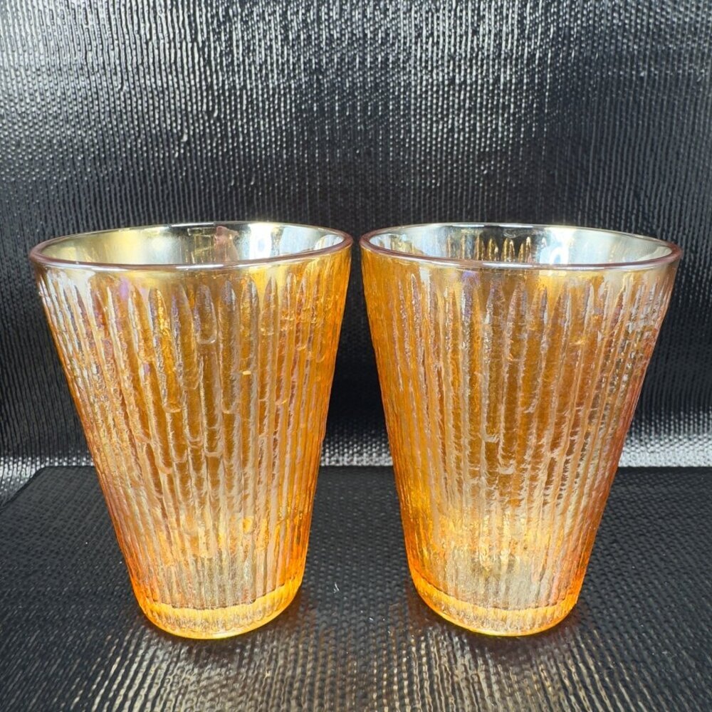 Jeanette Tree Bark Marigold Carnival Glass Tumblers Set 2 Barware Iridescent VTG